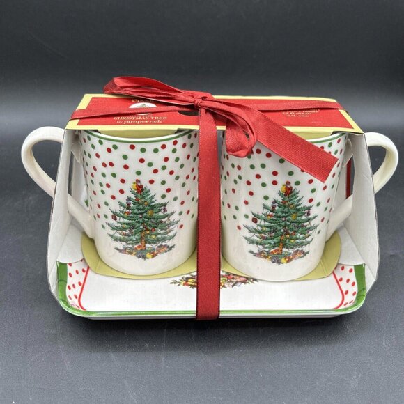 Spode Christmas Two Mug and One Tray Gift Set Christmas Trees Coffee Cup - Picture 1 of 5